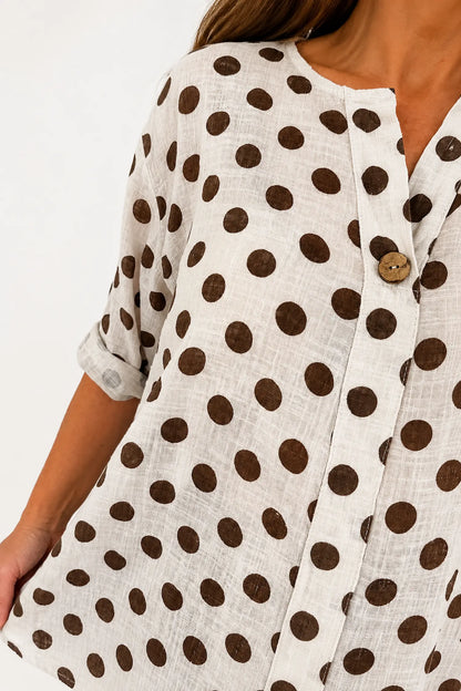 Pure Cotton Polka Dot Kara Button Shirt - Beige
