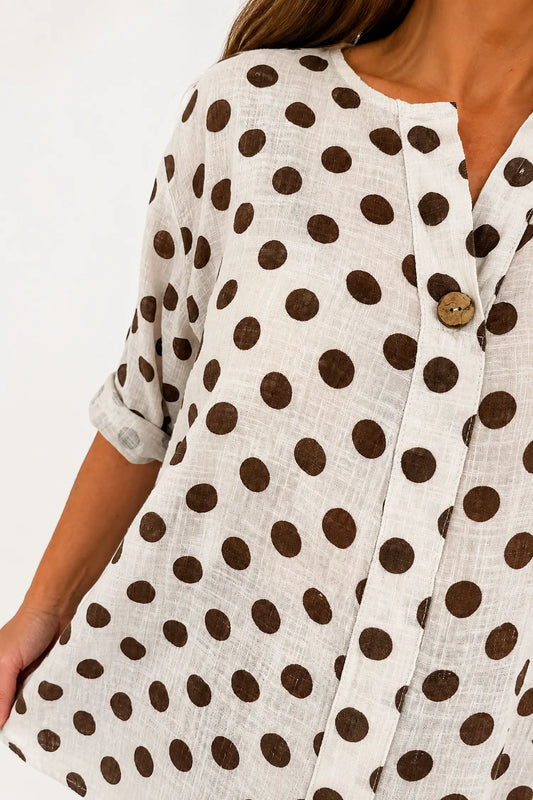 Pure Cotton Polka Dot Kara Button Shirt - Beige