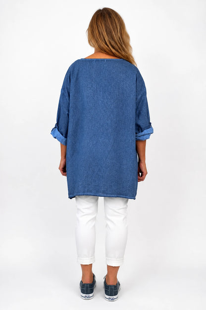 Linen Cotton Mix Button Sleeve Badge Detail Cliana Top - Washed Denim