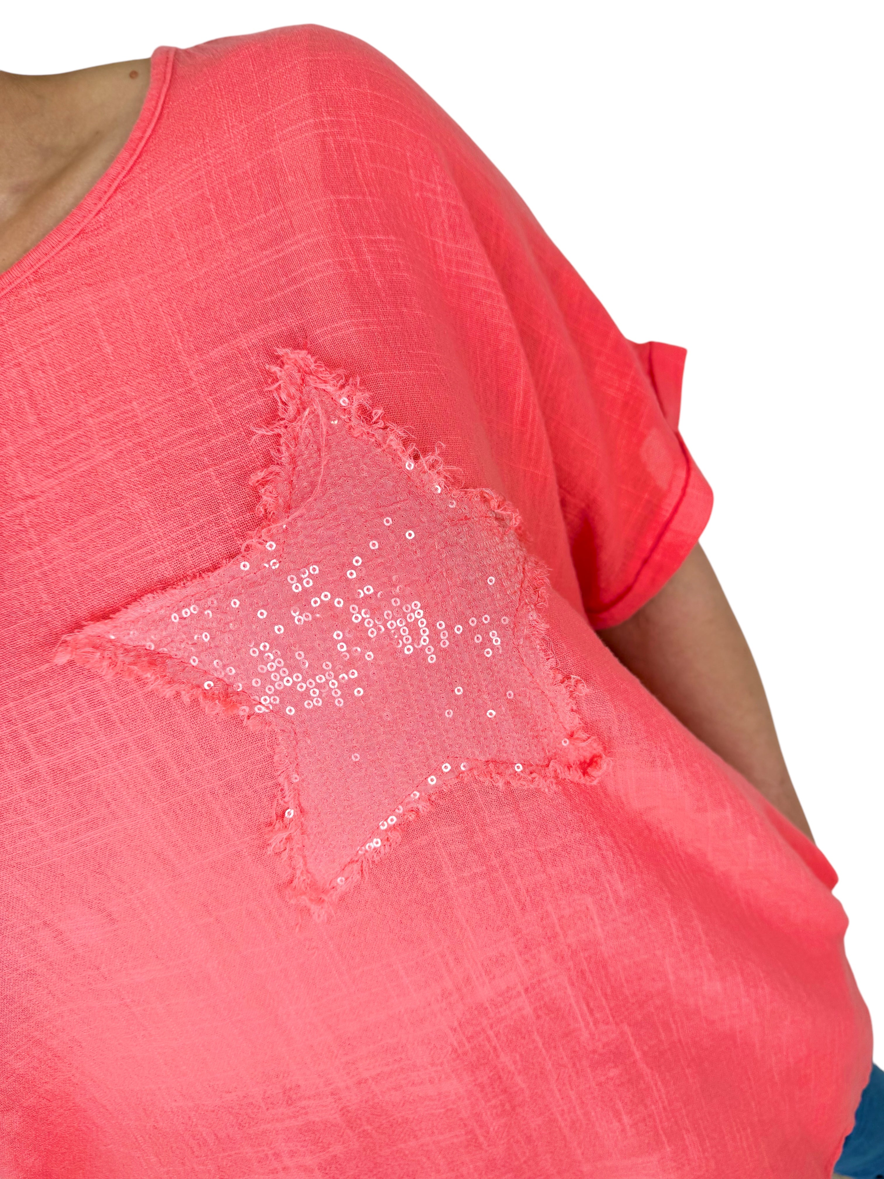 Pure Cotton Double Pocket Siana Sparkle Star Top - Coral