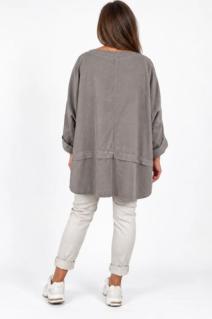 Pure Cotton Needlecord Button Sleeve Button Detail Riviera Top - Mocha