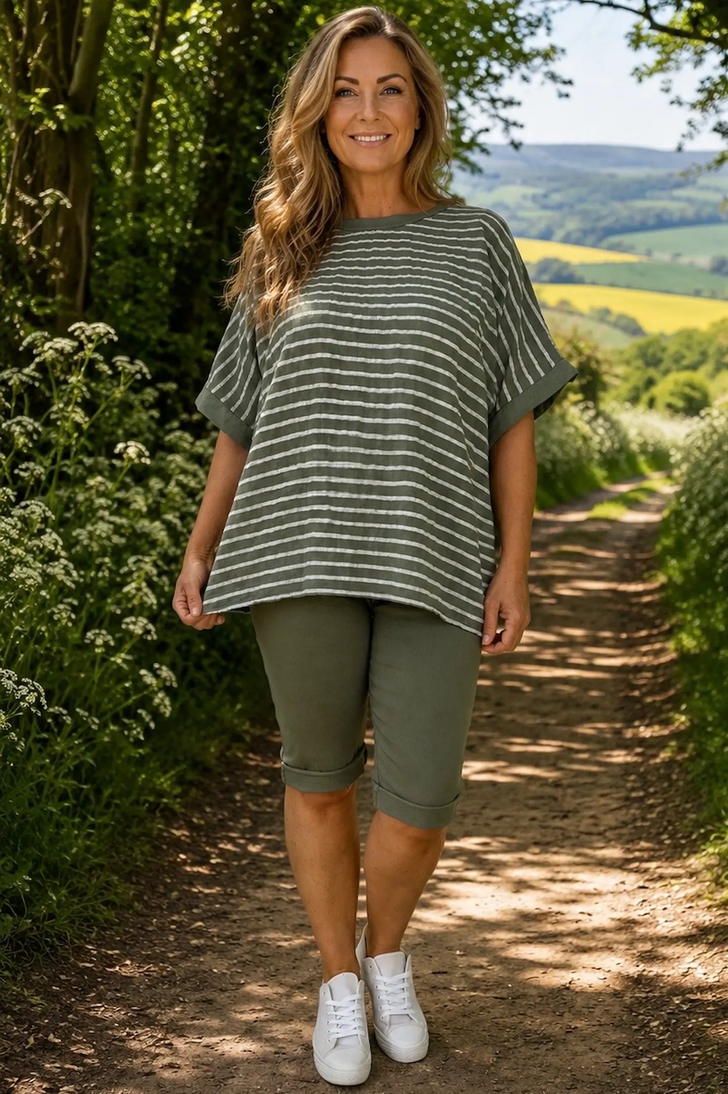 Cotton Harriet Stripe Top - Khaki