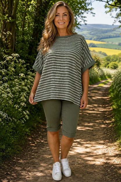 Cotton Harriet Stripe Top - Khaki