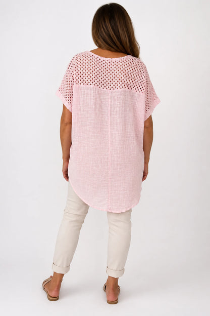 Pure Cotton Crochet Detail Francesca Necklace Top - Rosewood Pink