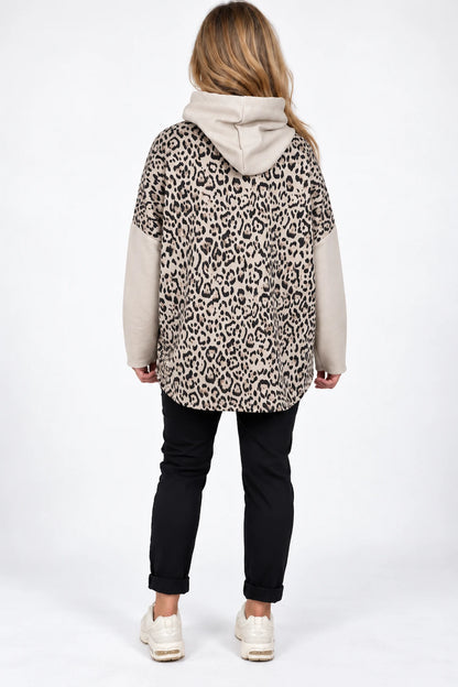 Badge Detail Kiki Leopard Drawstring Hoodie - Beige