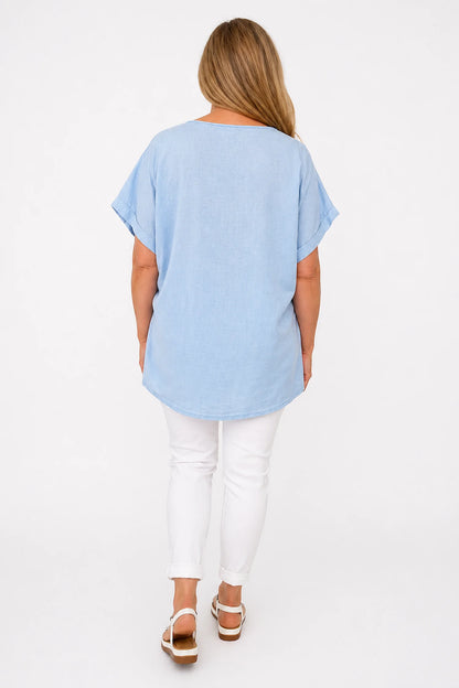 Linen Cotton Mix Diamanté Golden Leaf Carletta Top - Light Denim