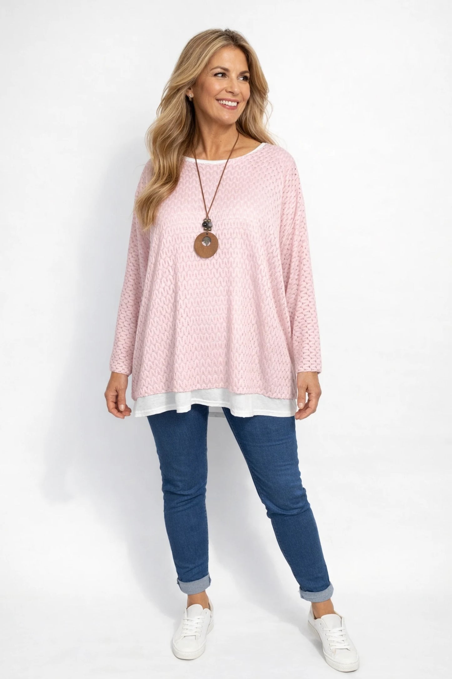 Helena Two In One Sparkle Trim Crochet Necklace Top - Baby Pink