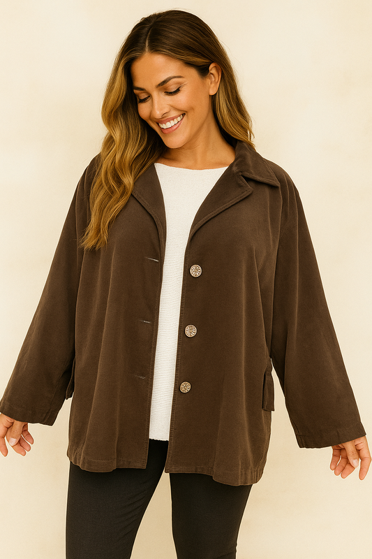 Pure Cotton Needlecord Gold Button Faux Side Pocket Felicity Jacket - Chocolate