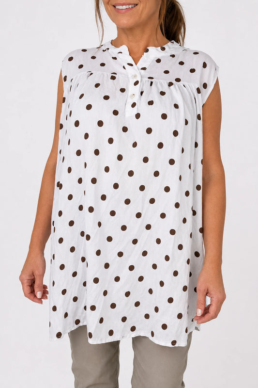Polka Dot Valentina Button Cap Sleeve Top - White