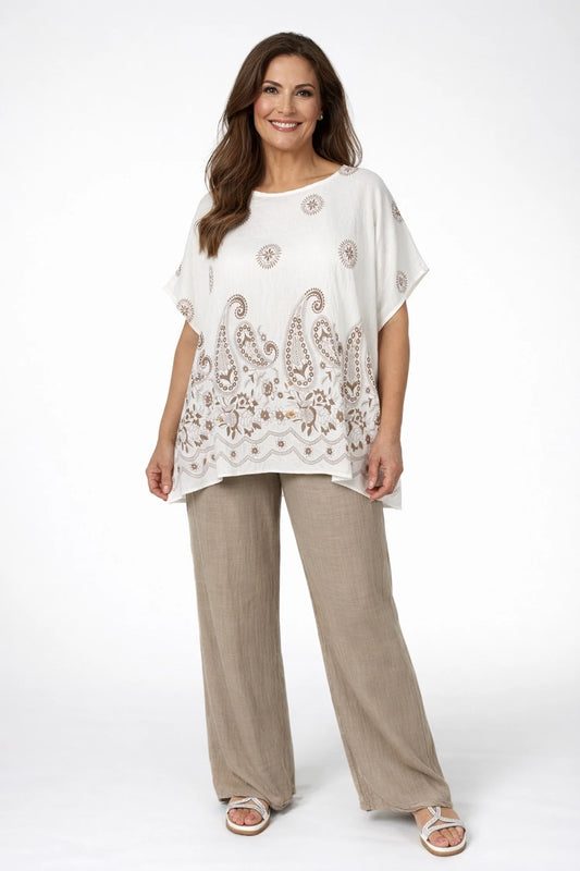 Linen Look Pure Cotton Drawstring Elasticated Waist Double Pocket Lucie Wide Leg Pant - Mocha