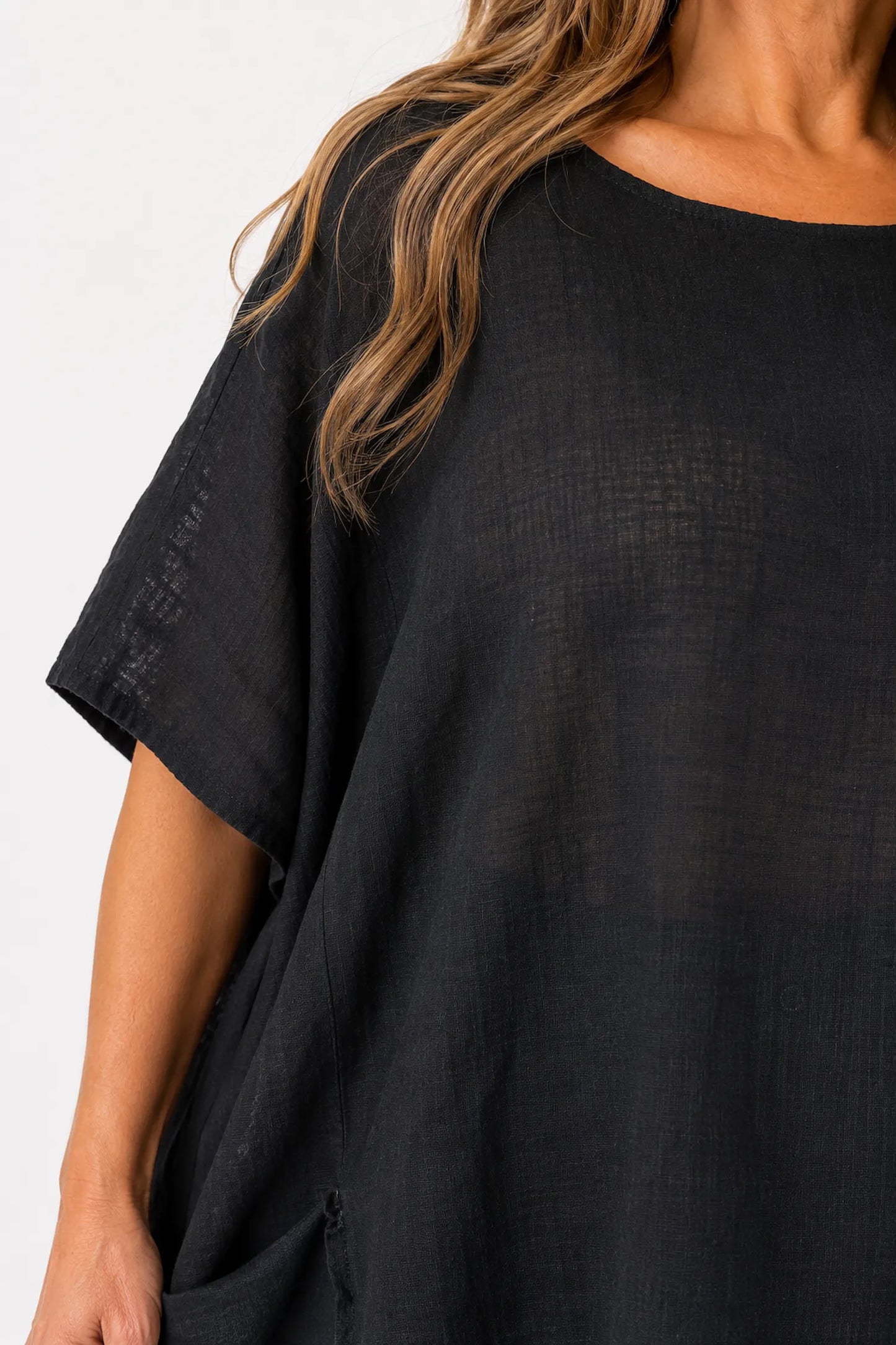 Pure Cotton Double Pocket Coté Tunic Top - Black