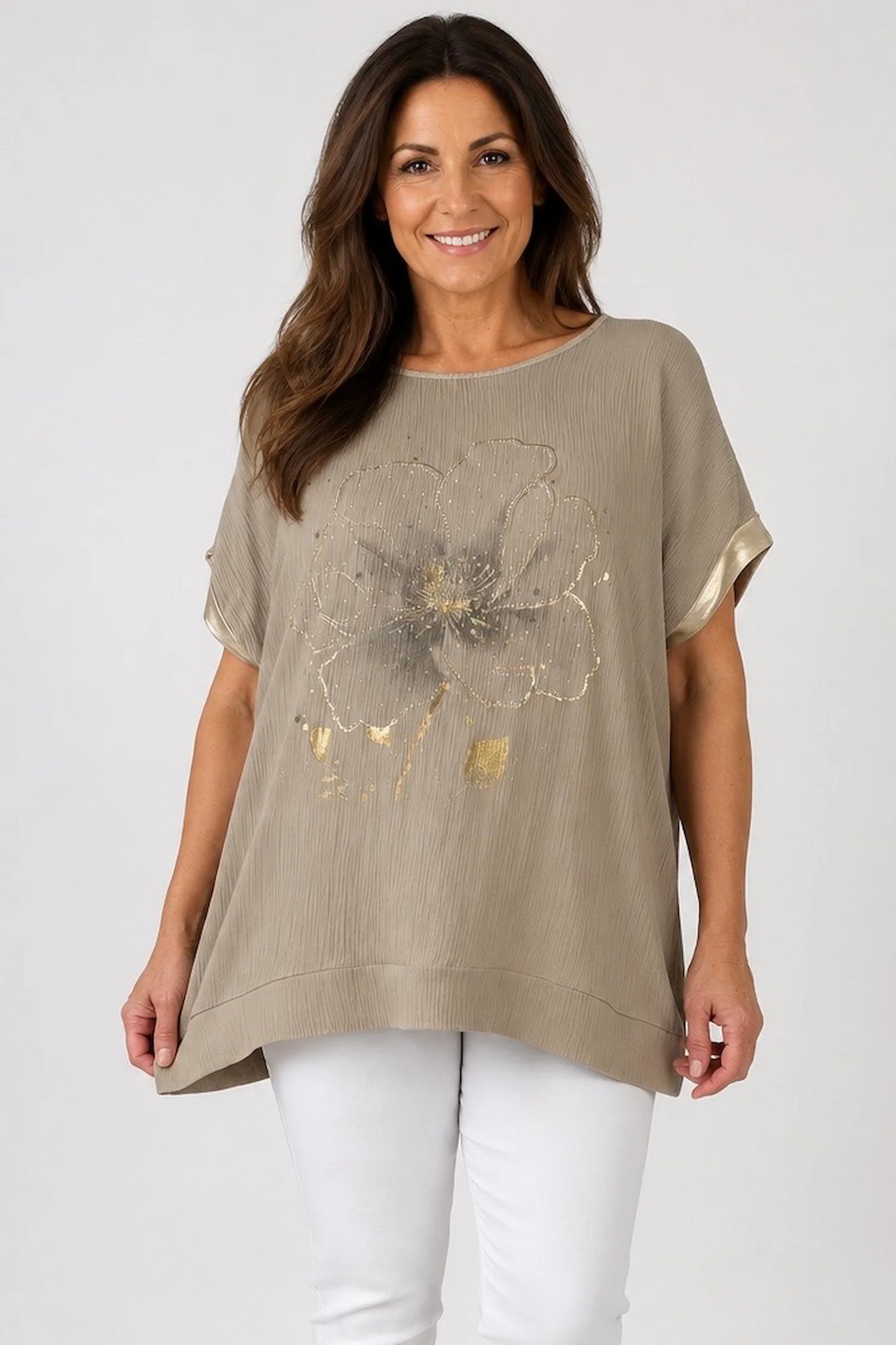 Lightly Textured Golden Diamanté Clover Gold Trim Diana Top - Mocha