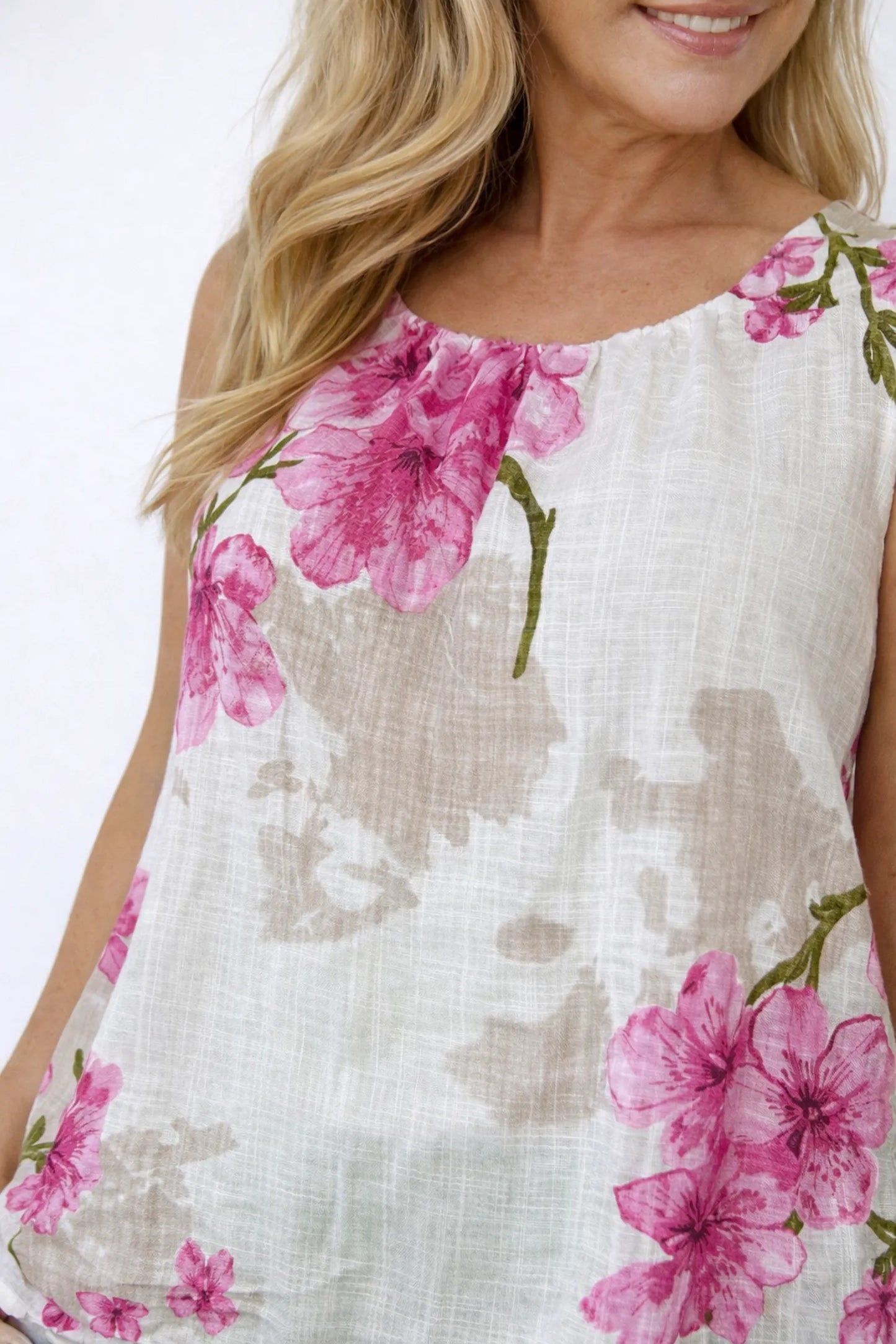 Linen Look Pure Cotton Fully Lined Floral Piali Vest - Fuchsia Petal
