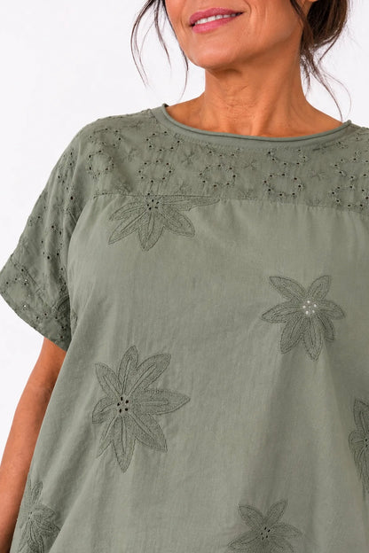 Pure Cotton Floral Embroidery Anglaise Clarissa Top - Khaki