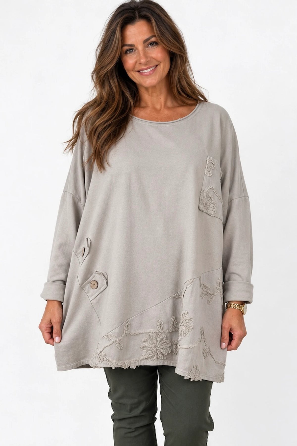 Cotton Button Detail Embroidery Anglaise Needlecord Hem Italia Top - Beige