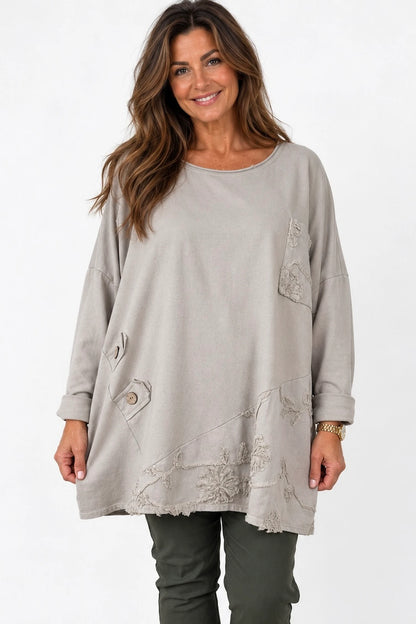 Cotton Button Detail Embroidery Anglaise Needlecord Hem Italia Top - Beige