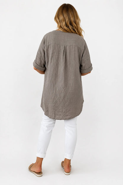 Linen Look Pure Cotton Button Detail Pocket Venice Top - Mocha