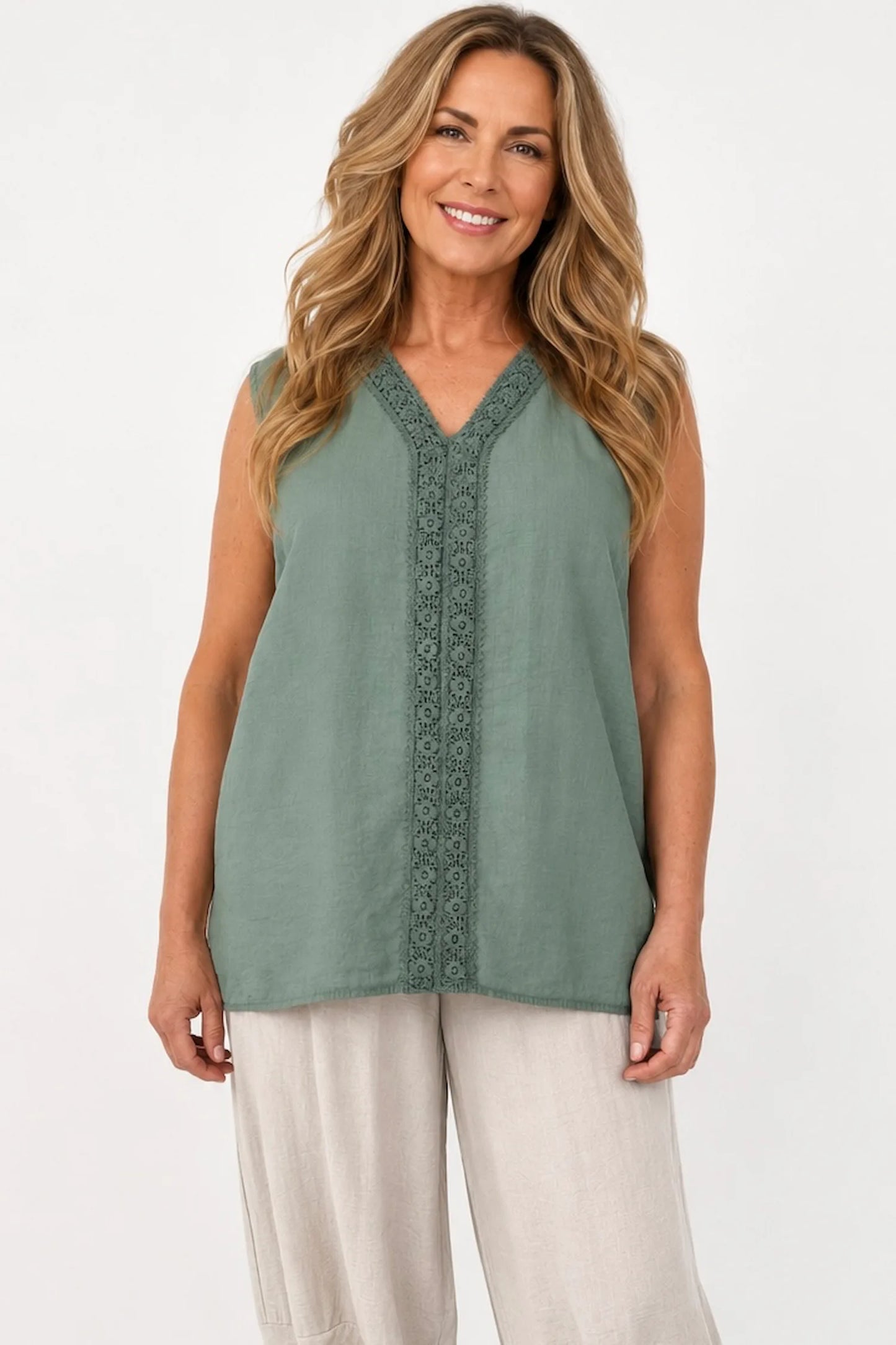 Embroidered Trim Carvela Sleeveless Top - Khaki