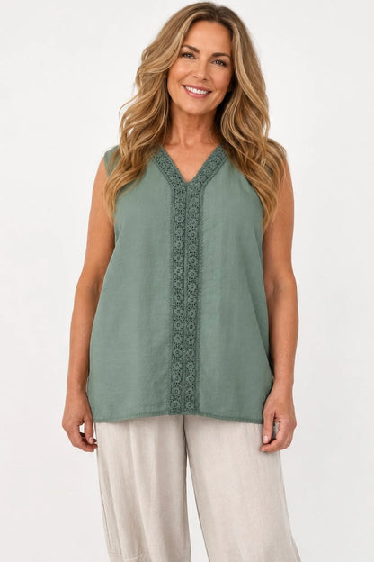 Embroidered Trim Carvela Sleeveless Top - Khaki