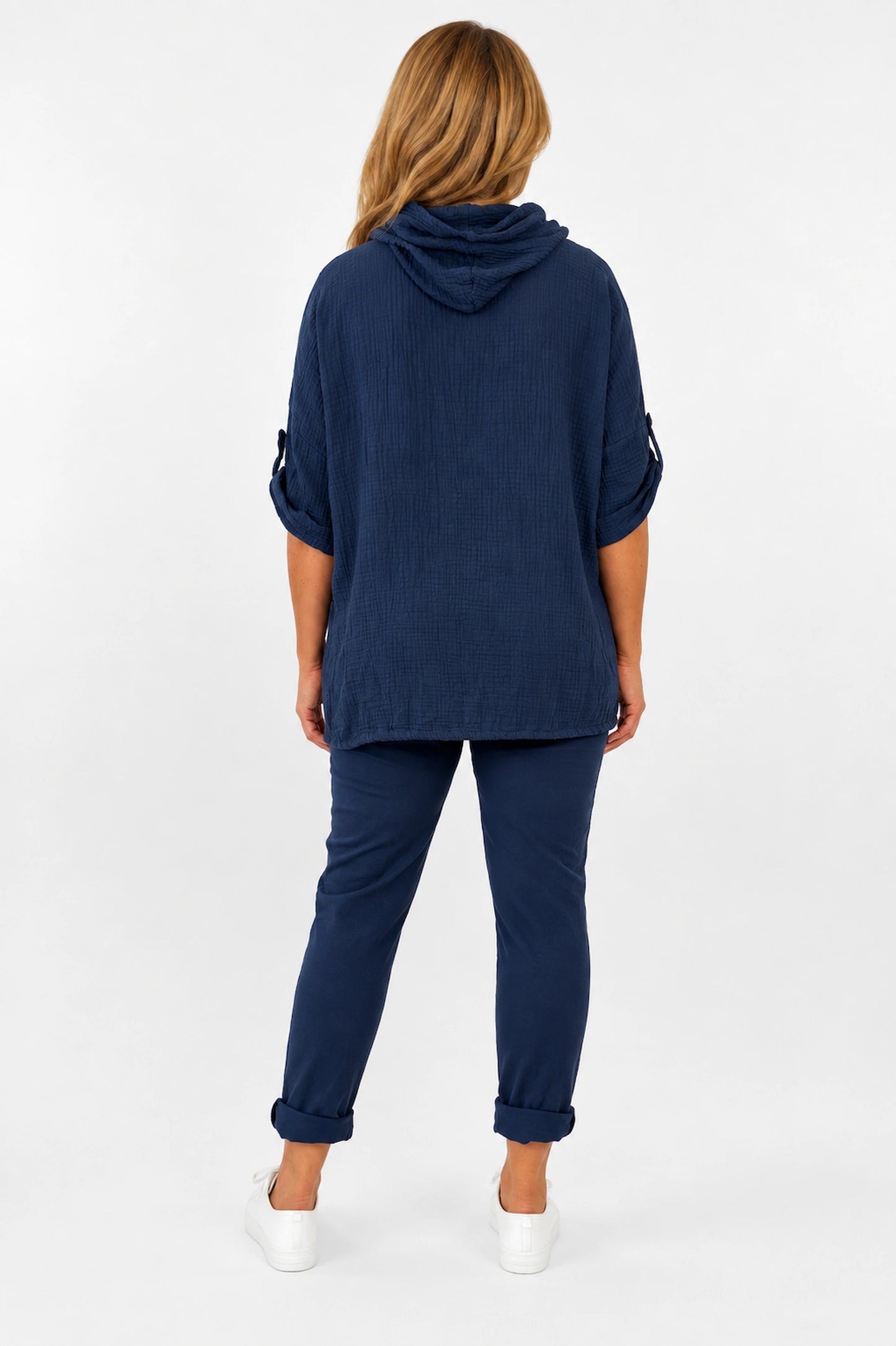 Pure Bubble Cotton Button Sleeve Badge Detail Pocketed Zara Hoodie - Navy