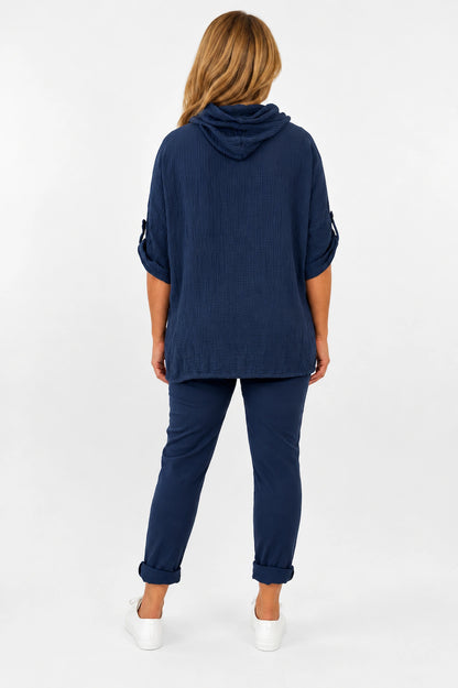 Pure Bubble Cotton Button Sleeve Badge Detail Pocketed Zara Hoodie - Navy