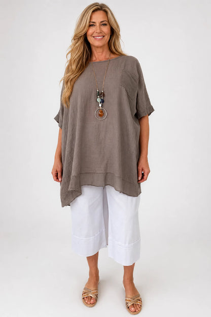 Pure Cotton Mesh Detail Pocketed Portofino Necklace Top - Mocha