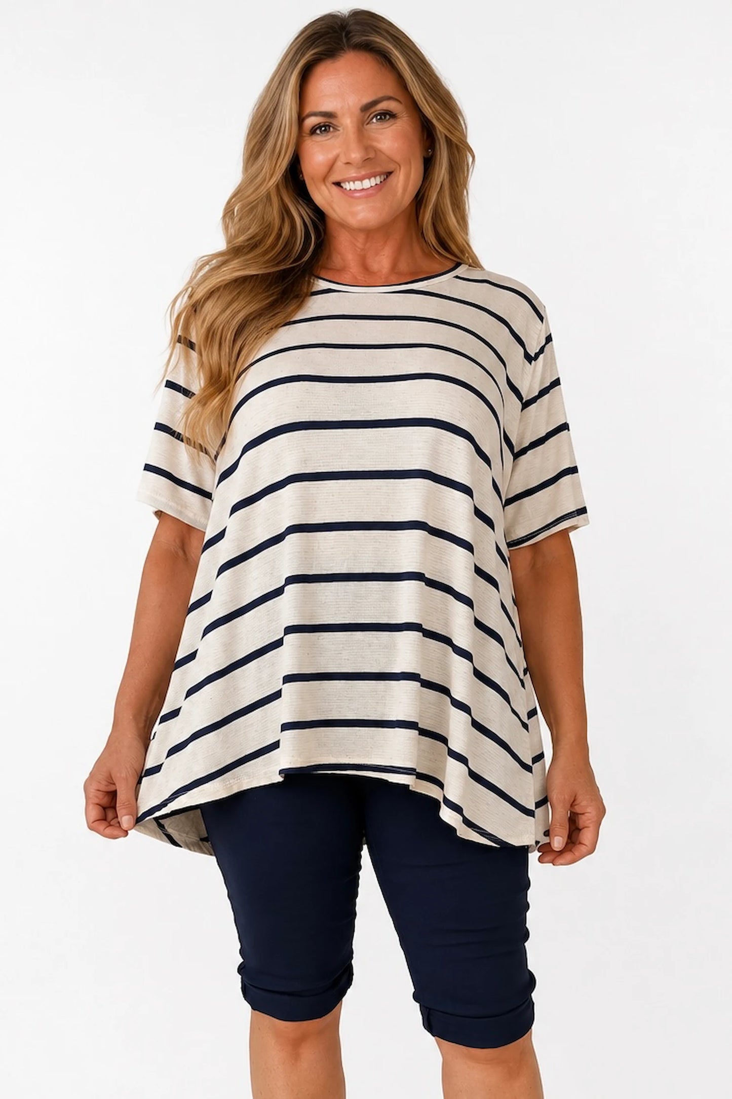 Linen Mix Cindy Stripe Top - Navy