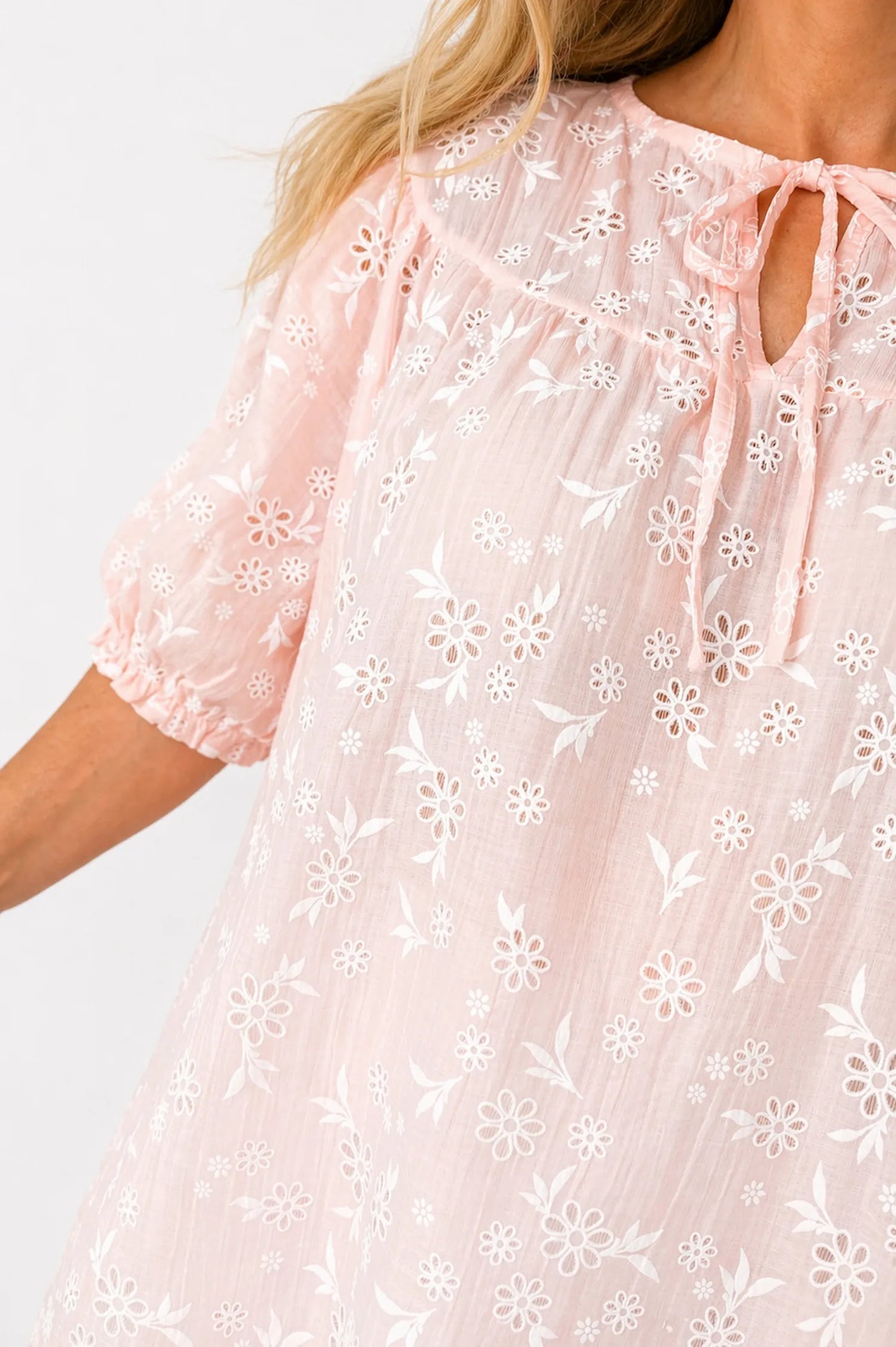 Embroidered Floral Tied Detail Calara Blouse - Baby Pink