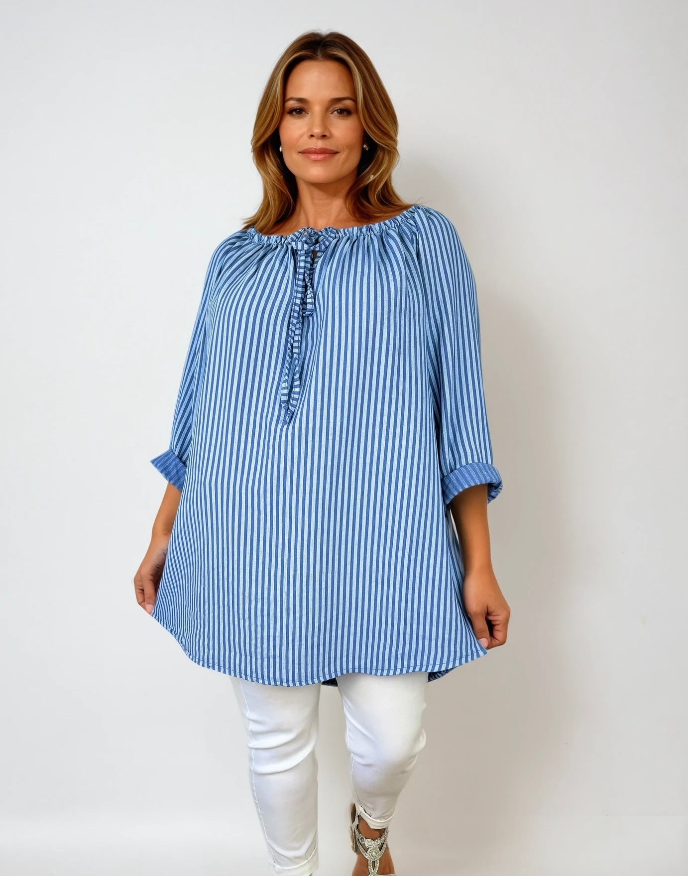 Tied Detail Stripe Valencia Top - Denim