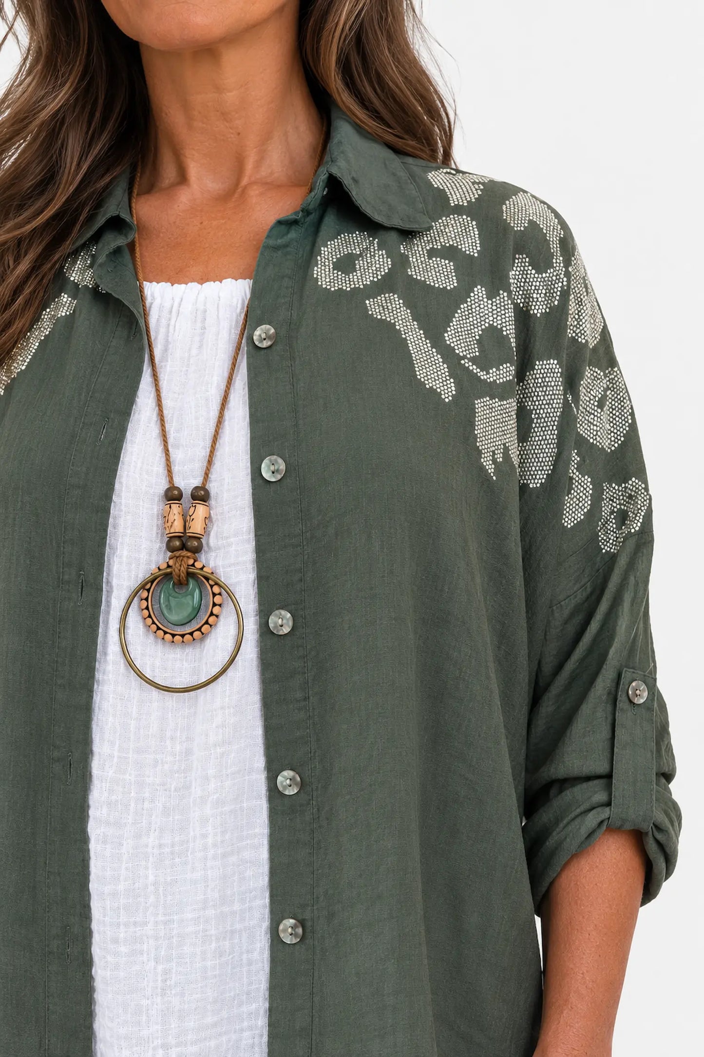 Premium Stitch Diamanté Button Sleeve Michaela Shirt - Khaki