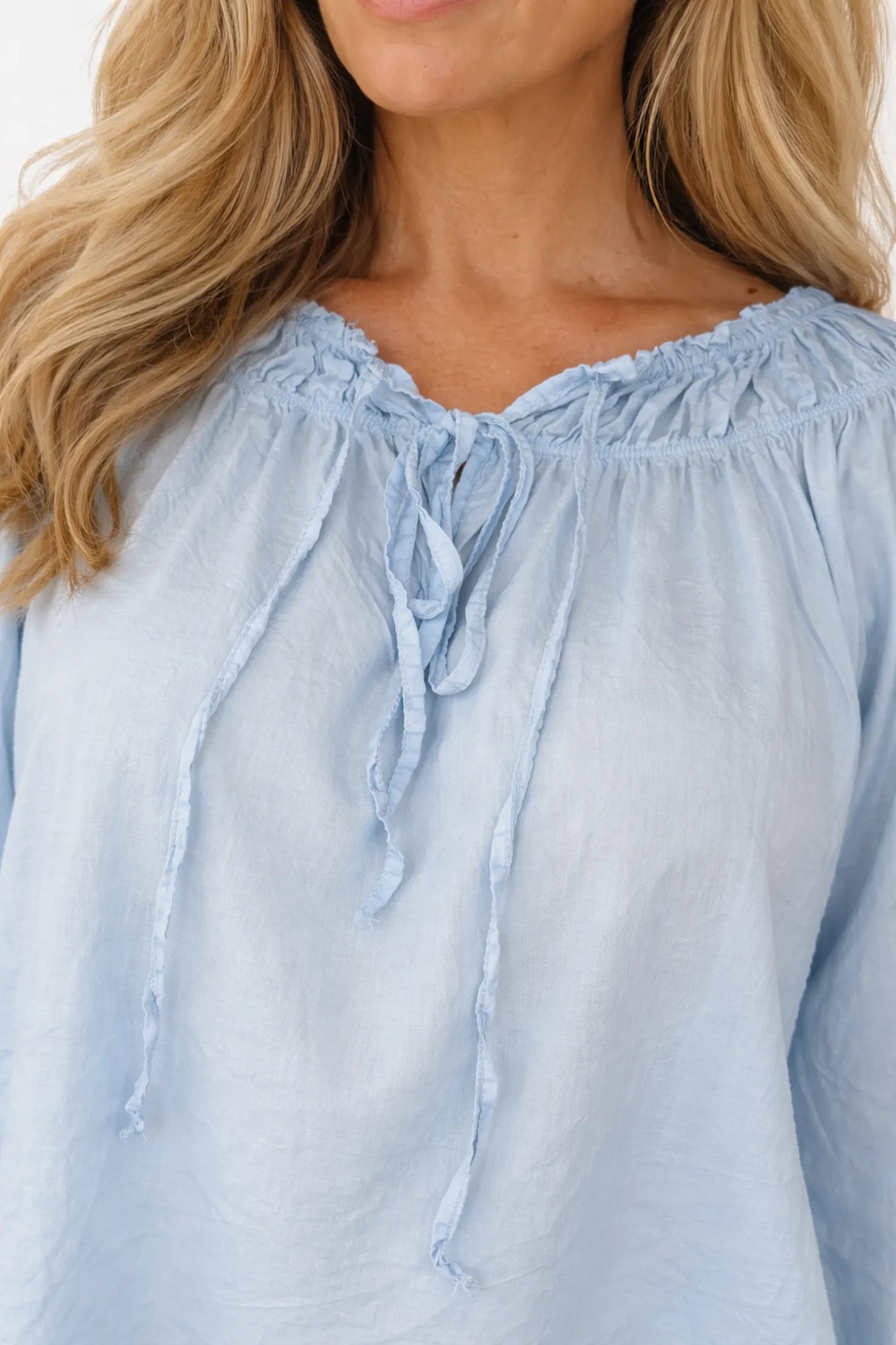 Pure Cotton Tie Front Detail Elasticated Cuff And Neckline Blanca Blouse - Baby Blue