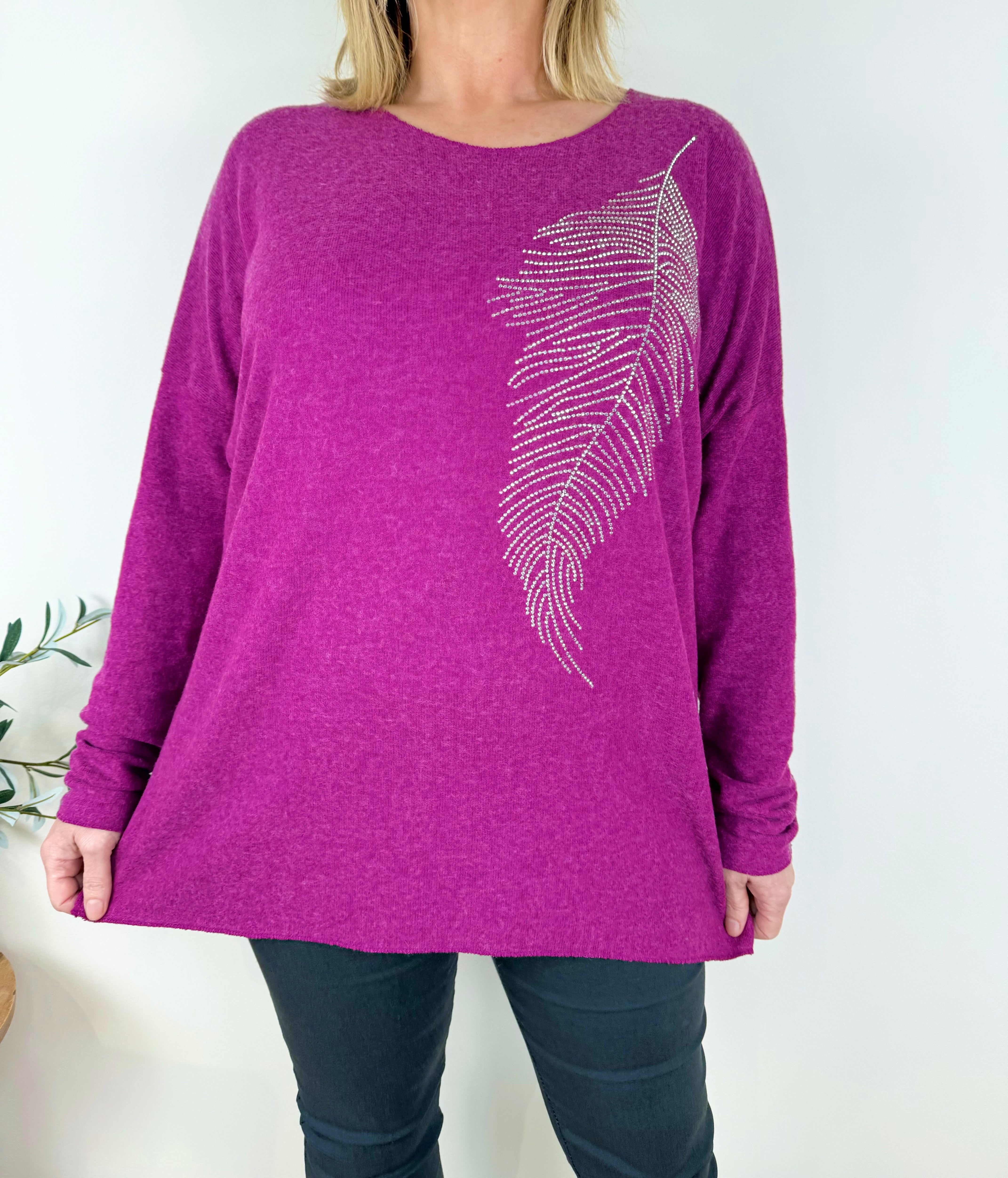 Wool Mix Diamanté Leaf Italia Soft Knit Top AW24