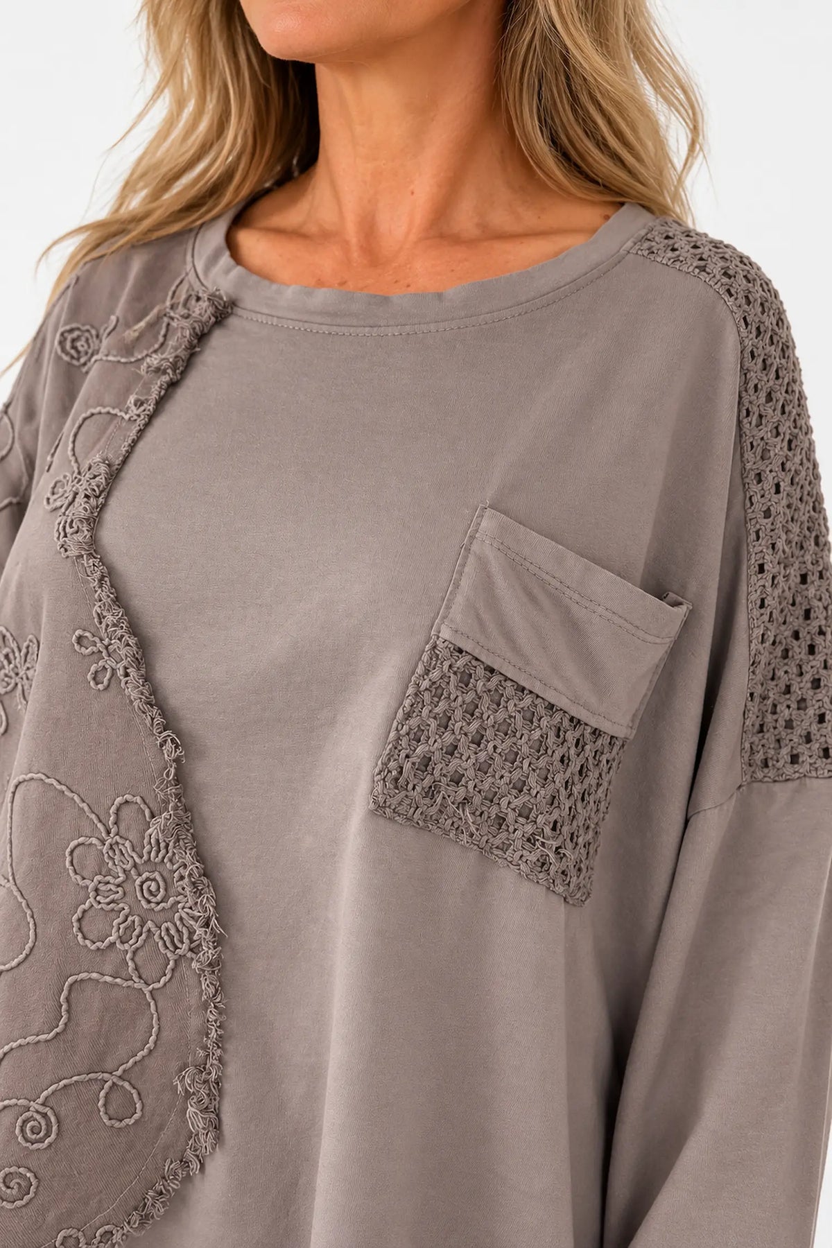 Cotton Raw Edge Hem Embroidery Anglaise Detail Crochet Shoulder Bellia Pocket Top - Mocha