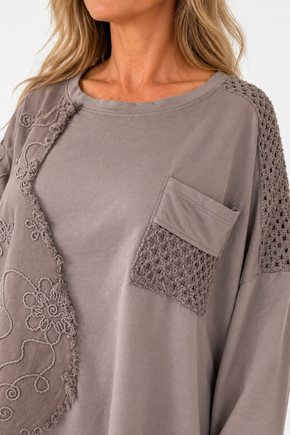 Cotton Raw Edge Hem Embroidery Anglaise Detail Crochet Shoulder Bellia Pocket Top - Mocha