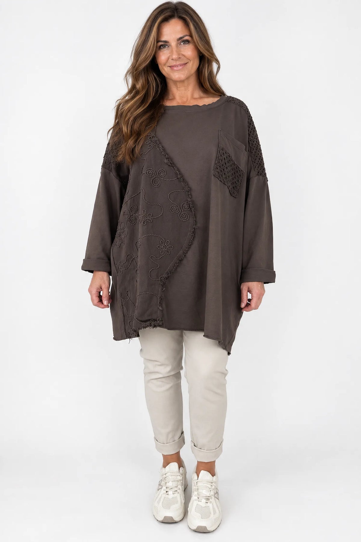 Cotton Raw Edge Hem Embroidery Anglaise Detail Crochet Shoulder Bellia Pocket Top - Chocolate