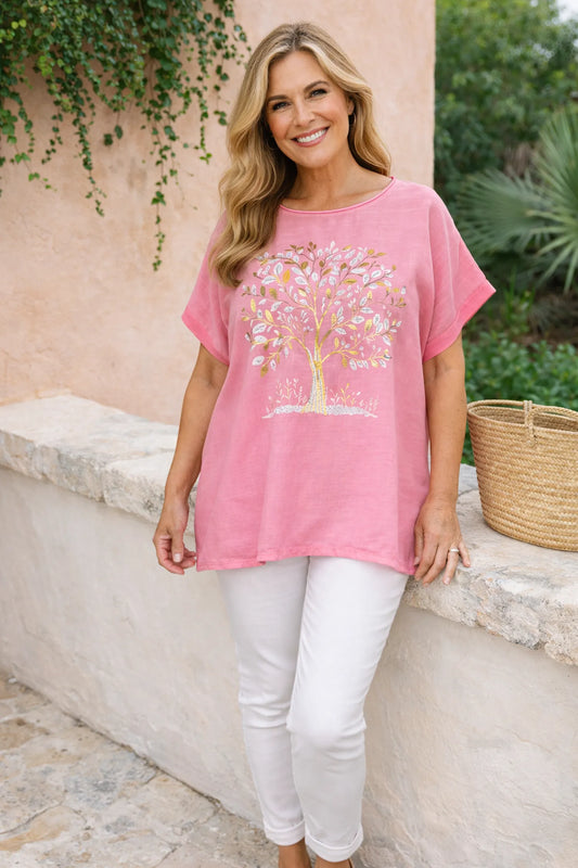 Linen Cotton Mix Diamanté Golden Leaf Carletta Top - Summer Rose Pink