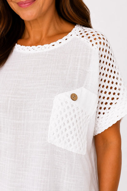 Pure Cotton Crochet Detail Button Pocket Palermo Top - White