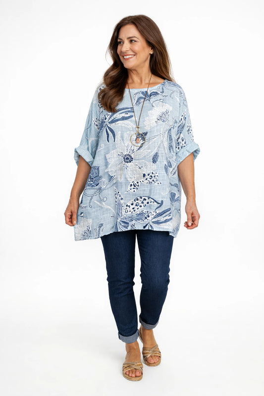 Pure Cotton María Necklace Top - Baby Blue