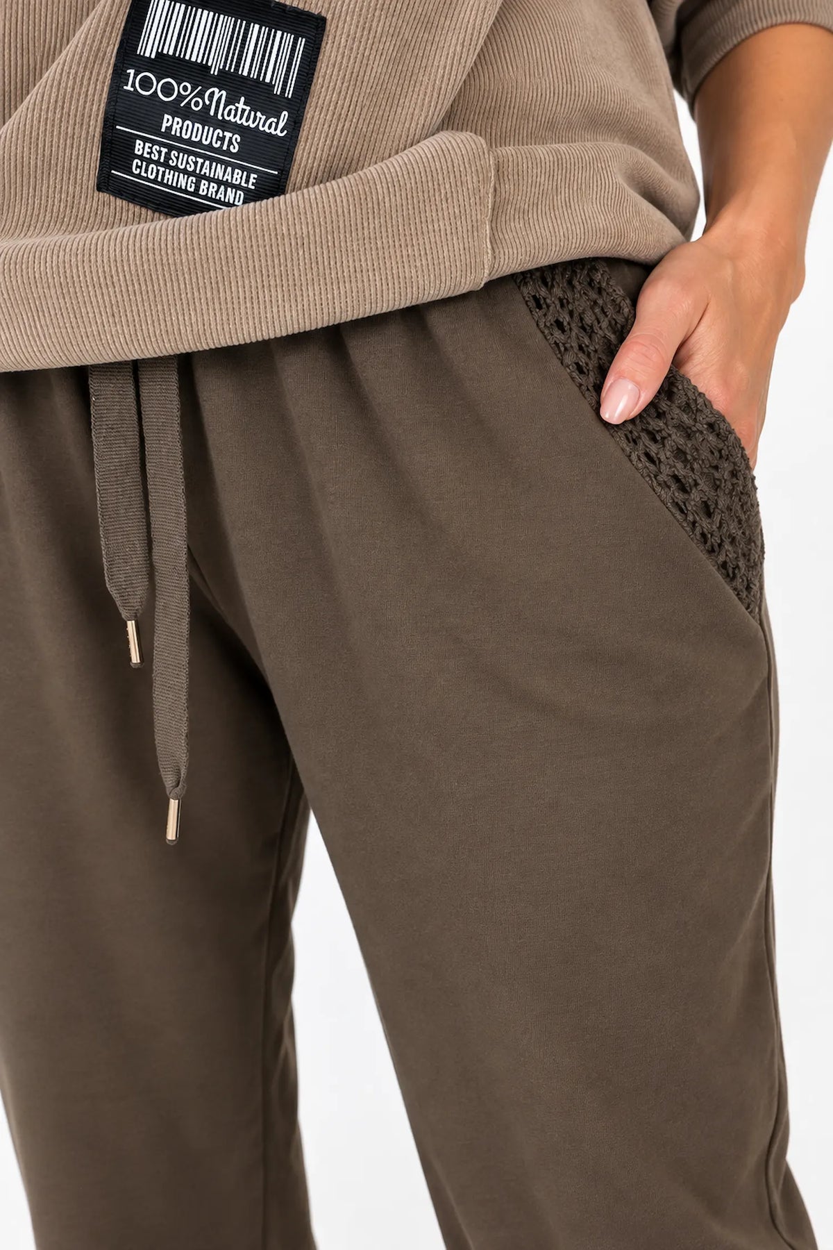 Premium Weight Cotton Crochet Pocket Detail Taliana Joggers - Mocha