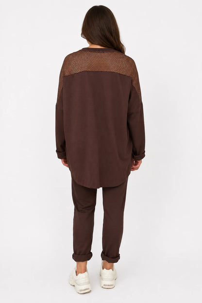 Roxanne Mesh Detail Necklace Top - Chocolate