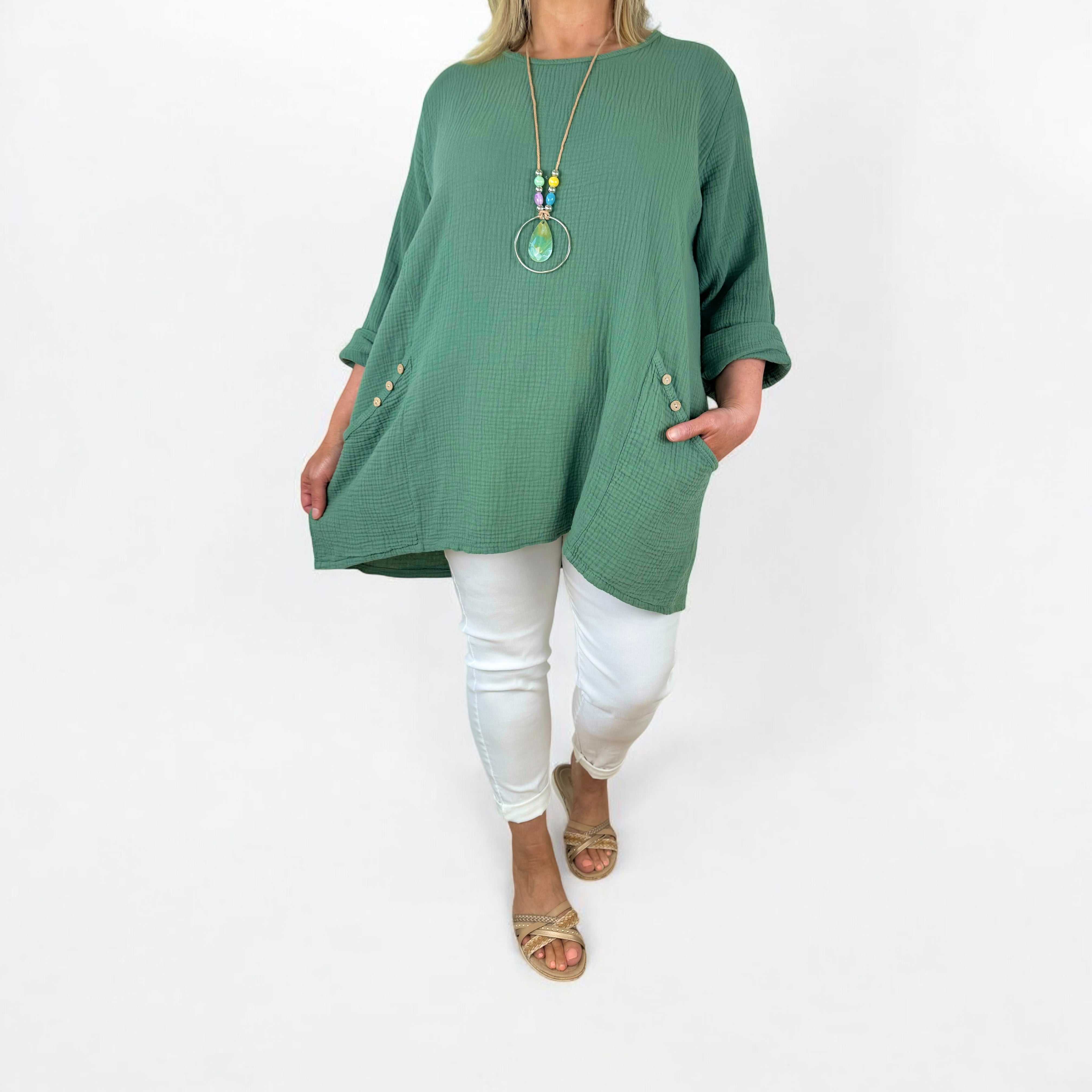 Pure Bubble Cotton Double Button Pocket Telia Necklace Top - Khaki