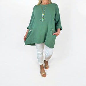 Pure Bubble Cotton Double Button Pocket Telia Necklace Top - Khaki