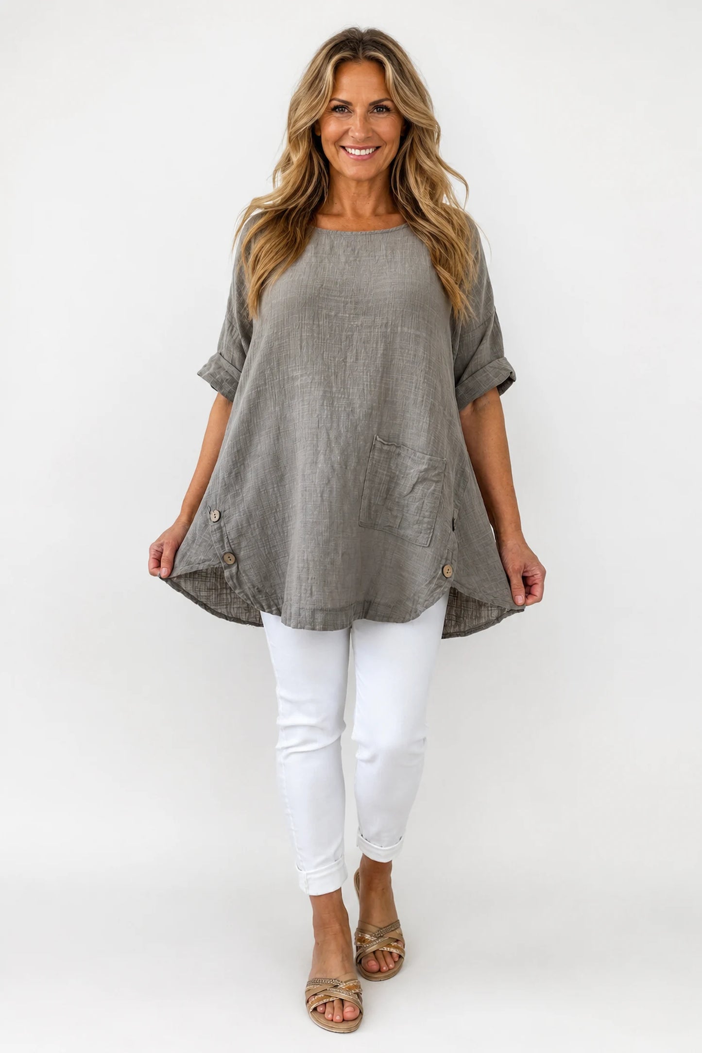 Linen Look Pure Cotton Button Detail Pocket Venice Top - Mocha