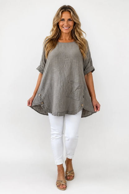 Linen Look Pure Cotton Button Detail Pocket Venice Top - Mocha
