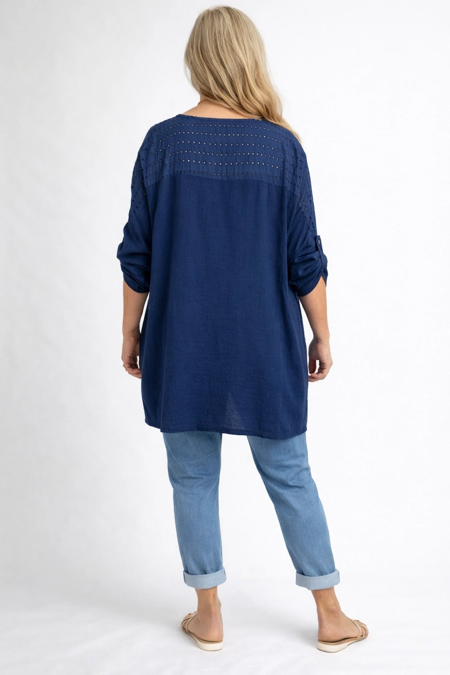 Cotton Crochet Detail Double Pocket Button Sleeve Cláudia Necklace Top - Navy