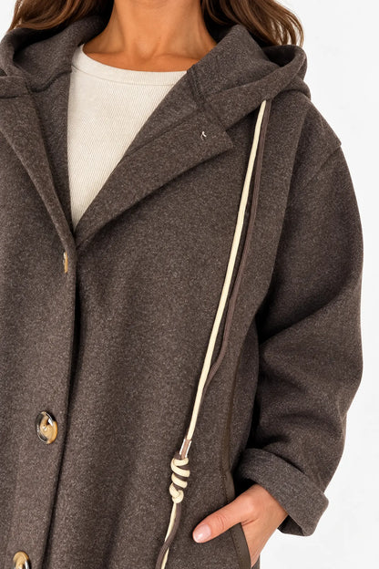 Viera Contrast Trim Double Pocket Drawstring Hooded Button Coat - Chocolate