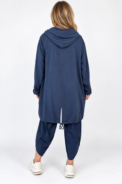 Cotton Double Pocket Kasi Zipped Hooded Jacket - Navy