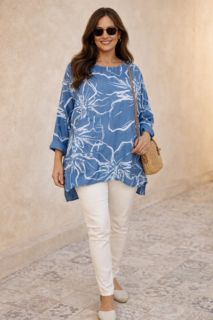 Eliza Pocket Detail Flower Top - Denim