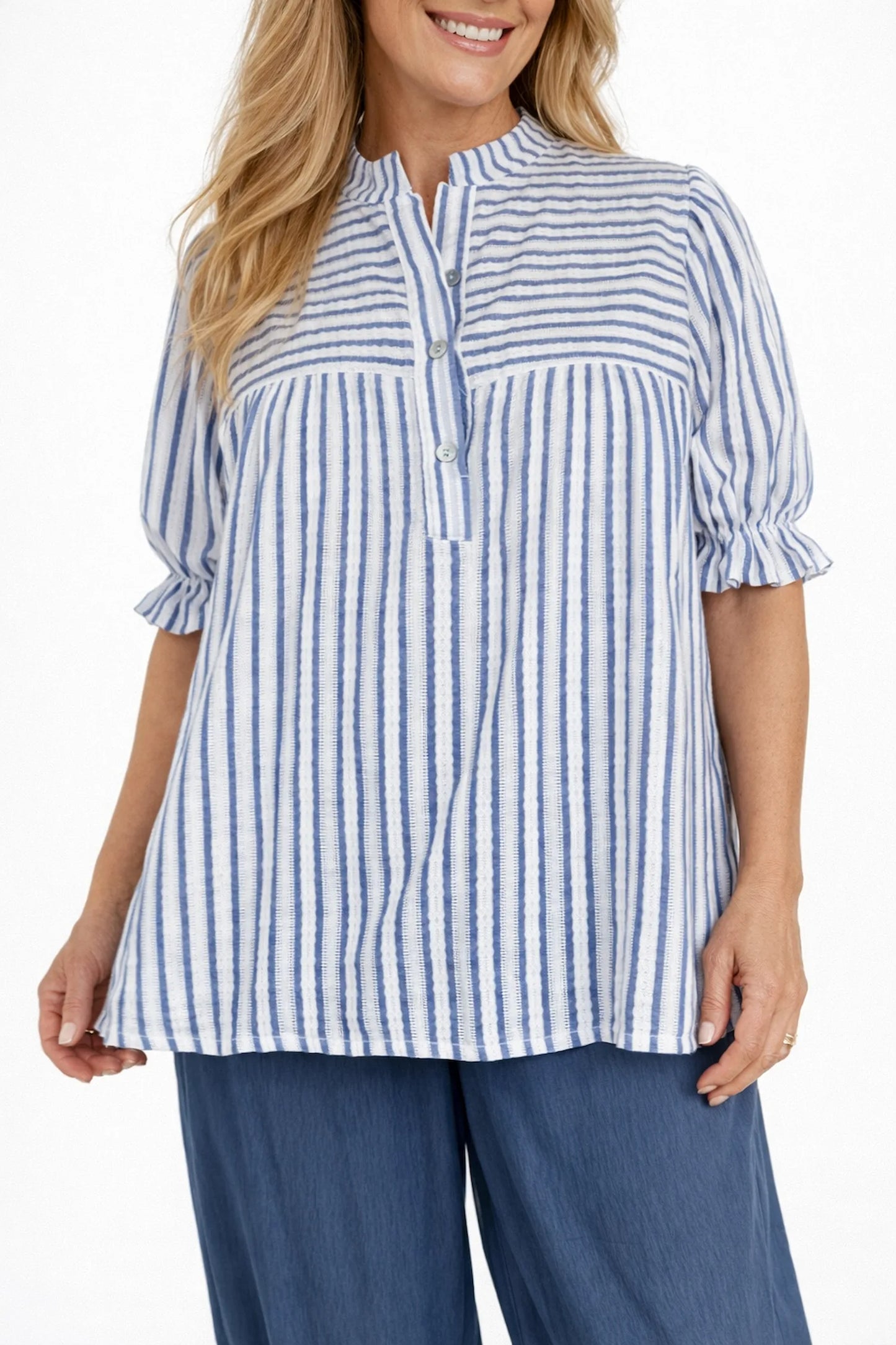 Pure Cotton Stripe Elasticated Cuff Riviera Button Shirt - Denim