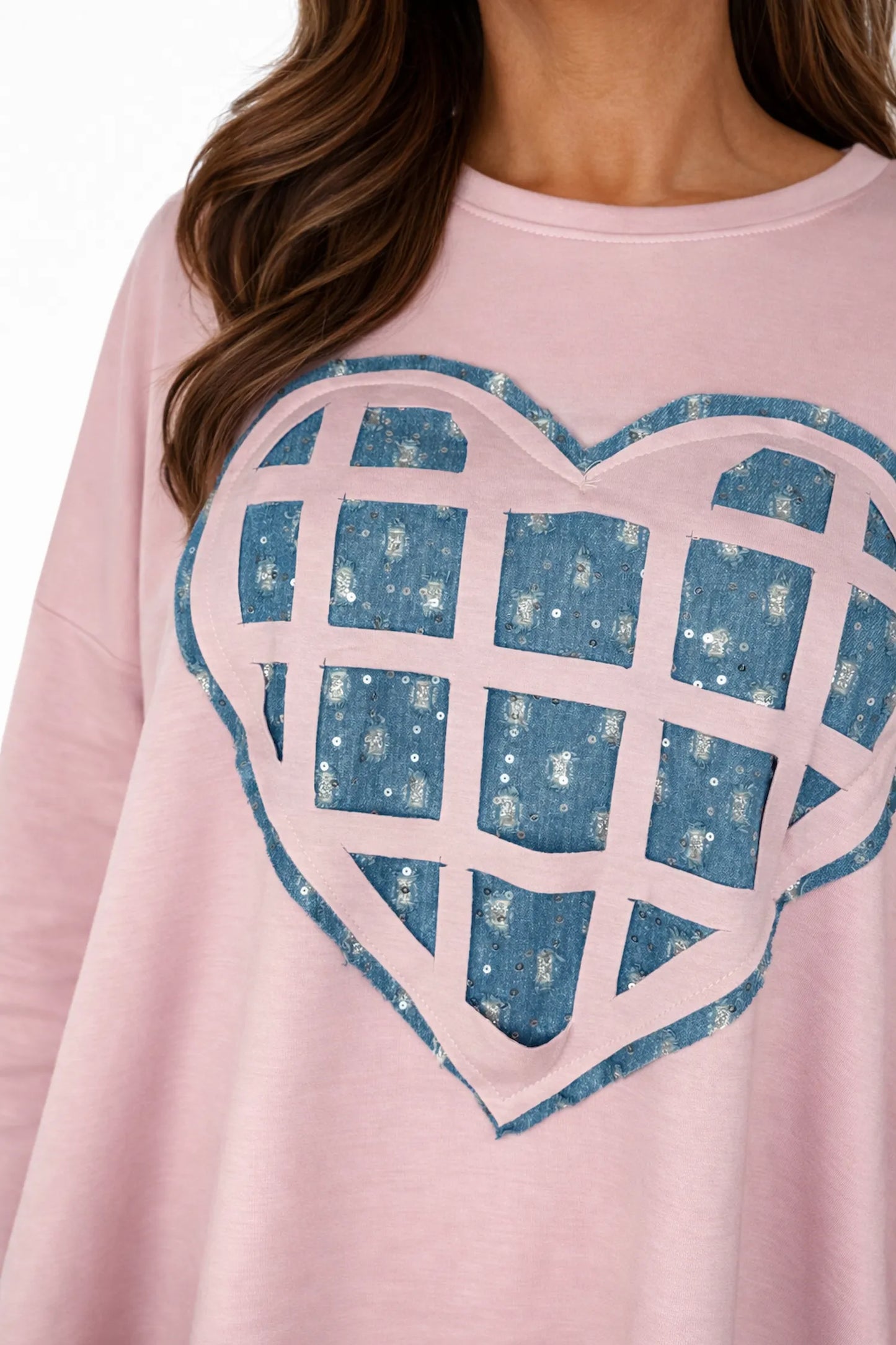 Sparkle Denim Heart Zip Side Detail Maria Sweatshirt - Baby Pink